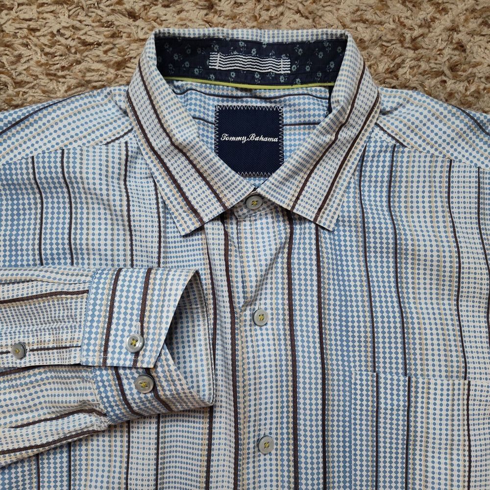 Tommy Bahama Pinstriped Dot Pattern Men Sz L Long Sleeve Button Up Shirt